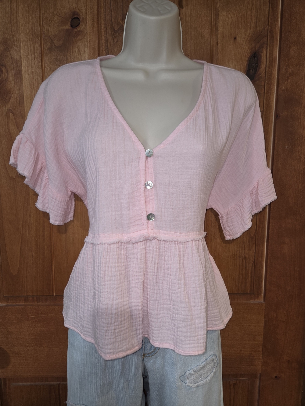 Hem & Thread‎ Soft Light Pink V-Neck Ruffle Sleeve Peplum Top